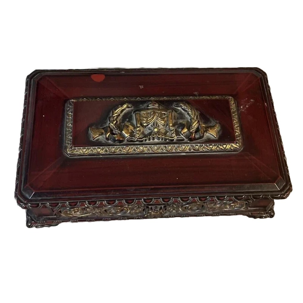 Vtg Trinket Box Art Deco Poly-Faux-Wood Ornate Design
